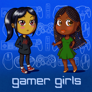 Two chibi style drawings of Marina (wearing her trademark black hoodie and leggins) and Syl (a girl with her hair in twists wearing a green dress). They are on a blue background that has drawings of different gaming controllers. Underneath it says 