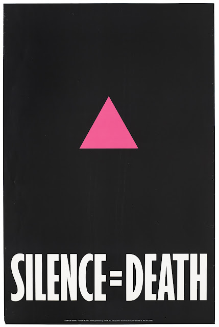 A black poster with a pink triangle on it. Underneath is white font that says &quot;Silence = Death&quot;