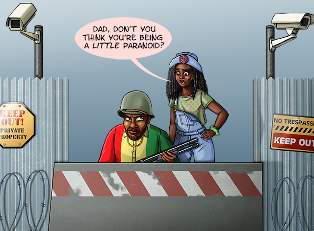 Hilton is crouched behind a cement and barbed wire barrier, surrounded by security cameras and “Keep Out” signs. He’s wearing an army helmet and holding a rifle, ready to shoot any intruders. His teenage daughter stands behind him looking concerned, and asks “Dad, don’t you think you’re being a little paranoid?”