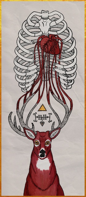 A gold-trimmed pen and ink drawing of a red deer with three antlers, two on the right and one on the left. The prongs of the antlers turn into veins which are connected to a human heart, surrounded by a fractured rib cage. Between the deer's antlers is the sigil for the goetic demon Furfur and the alchemical symbol for fire, painted gold.