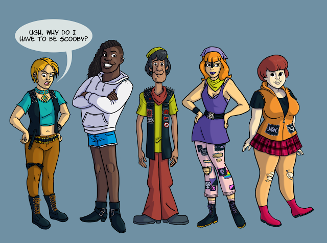 Five people in punk clothing colored to resemble the characters from Scooby-Doo. Furthest to the left is Danielle, a White woman with short, blonde hair. Next is Vulture, a tall, Black trans man with long hair and one half of his head shaved. Thursday, a Latino man in a leather vest is the middle, then Brynn, a White woman with red hair, a tattooed line on her forehead, and glasses. Her pants are covered in lgbtq, anarchist, and feminist patches. On the left is a chubby White woman, Doomsday with bobbed, brown hair.