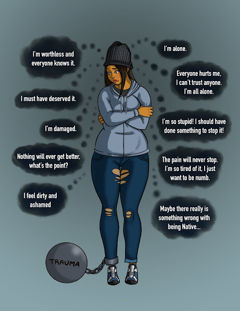 The girl from earlier is now a grown woman. She looks depressed, is wearing dark clothing, and hugging herself. The ball and chain that represents trauma are chained around her ankle. Dark thoughts fill her head like: “I must have deserved it,” “Nothing will ever get better, what’s the point?,” “Maybe there really is something wrong with being Native…,””The pain will never stop. I’m so tired of it, I just want to be numb,” and “Everyone hurts me, I can’t trust anyone. I’m all alone.”