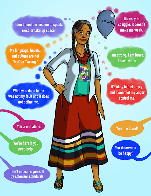 The woman is now older, wearing bright clothing, and looks happy. She has a Native-made T-shirt that says “you are sacred.” The speech and though bubbles all have bright colors. People are giving the woman positive affirmations like “You aren’t alone,” “You deserve to be happy,” and “Don’t measure yourself by colonizer standards.” Her thoughts are happy now instead of dark. The woman thinks “I don’t need permission to speak, exist, or take up space,” “My language, beliefs, and culture are not ‘bad’ or ‘wrong’,” “What was done to me was not my fault and it does not define me,” and “I am strong. I am brave. I have value.”