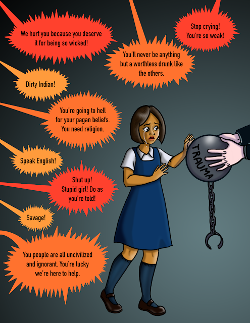 A priest is forcing a ball and chain, representing trauma, to a little girl in a residential school uniform. She is surrounded by red and orange speech bubbles saying cruel things like "Dirty Indian!," "Shut up! Stupid Girl! Do as you're told!," "Savage!," and "You're going to hell for your pagan beliefs. You need religion."