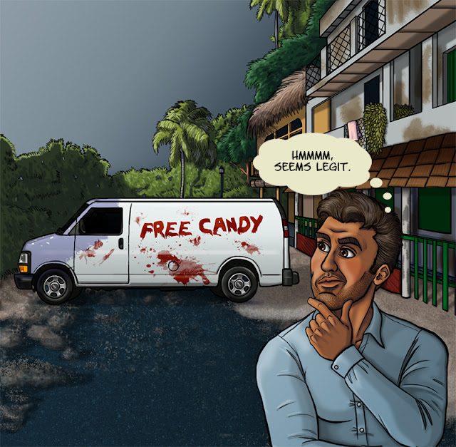 Illustration of a blood-spattered van bearing the name FREE CANDY and a South Asian man thinking 