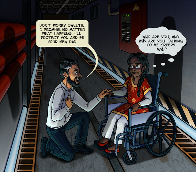 A man kneels in front of a woman in a wheelchair. The man says 