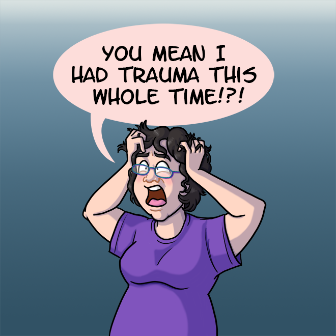 Comic-style illustration of woman holding head and saying 