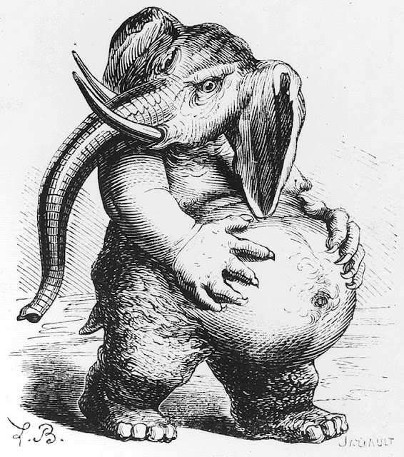 An early 1800s pen and ink sketch of a bipedal demon. It has the head, legs, and tail of elephant and the torso and arms of a a human. The demon is clutching its large, bloated belly with clawed hand and looking over its right shoulder.
