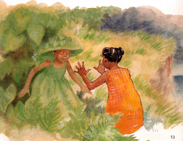 A water color painting of two young, dark skinned girls in the Caribbean. The first girl is dressed in a green dress and a wide, green hat, and she is stepping out of the forest. Her eyes are too big and glow orange, and she smiles wickedly. The other girl, who is human, wears an orange dress and has her hands up in fear as she backs away.