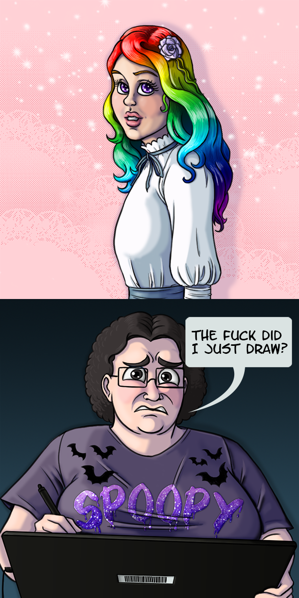 I’m drawing a picture of Audrina. The first panel shows a stereotypically attractive woman in a white, conservative, Victorian dress. She has large, sparkly, violet eyes, and long rainbow hair that starts as red at her scalp, and moves down the spectrum to indigo and violet at the ends of her hair. In the second panel I’m looking at my creation with horror and ask, “The fuck did I just draw?” I’m wearing a purple shirt with bats that says “spoopy” in violet glitter.