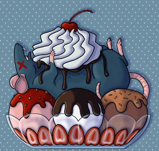 A beautiful ice-cream sundae with strawberry, chocolate, and vanilla scoops of ice-cream, fresh sliced strawberries, three different sauce toppings, and bits of nuts and sprinkles sits in a glass dish. Lying on the ice-cream, drizzled with fudge sauce, and topped with whipped cream and a cherry, is a dead rat. The rat is lying on its back, with its little pink feet in the air, its tongue hanging out, and little red “X’s” over its eyes. 