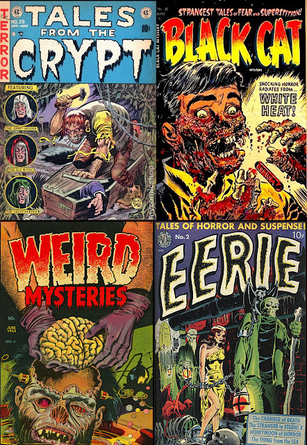 The cover for Tales from the Crypt #29 shows a hunch backed ogre nailing a man into a coffin. The cover for Black Cat #50 depicts a man's face and hands melting down to the bone from a tube of uranium. Weird Mysteries #5 shows the purple gloved hands of a man removing the brain of an ape's head. The cover of Eerie #2 has a skeleton holding a lantern and staff of bone leading a woman in chains through a sewer. The woman wears a torn yellow dress.