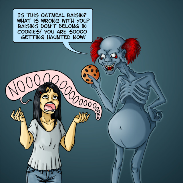 A skeletal-looking Japanese ghost with pale blue skin, flaming red hair, bulging eyes, and a distended belly is glaring at a Chinese woman who gave him a cookie and scolding "Is this Oatmeal Raisin? What is wrong with you? Raisins don't belong in cookies! You are soooo getting haunted now!" The woman yells "Nooooooooooooo!" in comical despair.