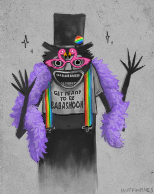 A tall, dark, creepy creature with long fingers and a white face is wearing a top hat with a rainbow button, rainbow suspenders, a purple feather boa, sparkly pink flamingo glasses, and a belly shirt that says “Get Ready to be Babashook.”