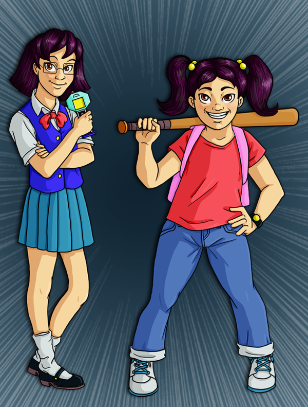 A picture of the two characters from the story, Cacy and Kiara. Cacy, a husky girl with pigtails and a wide grin, is wearing a shirt and jeans, with a pink backpack and a bat swung over her shoulder. Next to Cacy is her slightly taller, slender, bespectacled cousin, Kiara. Kiara’s hair is cut in a bob, and she’s wearing a blue school uniform. Her arms are crossed and she’s holding a strange, remote-control-looking device.