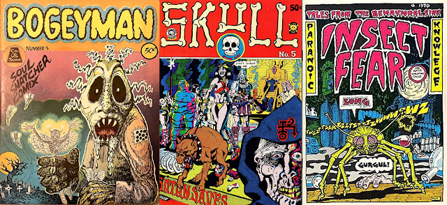 Boogeyman shows a monster in a graveyard with green skin and a white face with giant black eyes and a salivating mouth full of sharp teeth. In it's fist it holds a small demon with moth wings. Skull shows what appears to be an Aztec cult. There is a disfigured face in the foreground in a black cloak with a symbol on the forehead. A light skinned woman in a skimpy outfit walks a fierce dog on a leash. Insect Fear depicts a giant, neon green mosquito in a laboratory.
