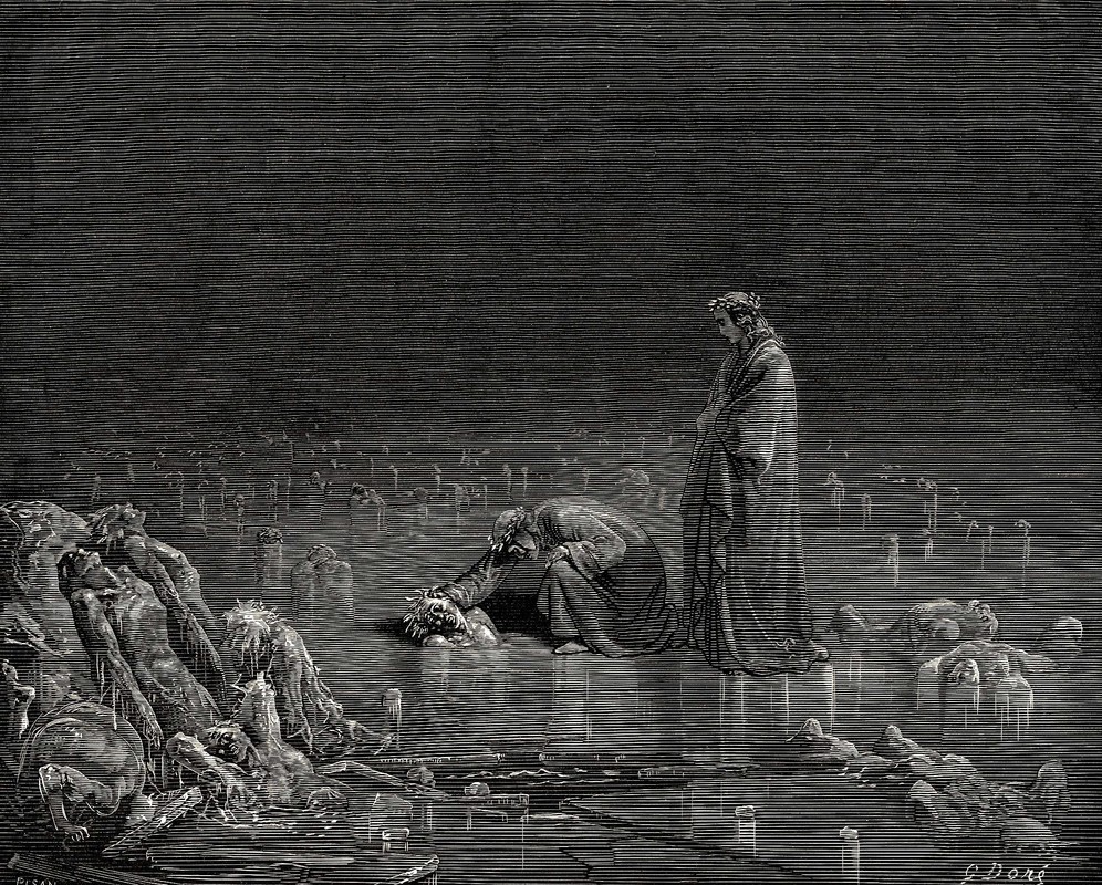An balck and white engraving by Gustave Dore. Dante is holding the head of Bocca degli Abati, a traitorous Guelph of Florence who is frozen in the Cocytus. The Roman poet Virgil watches on next to Dante. They are standing on a frozen lake in which various people are frozen up to their necks. Their is a pile of frozen bodies next to the two men.